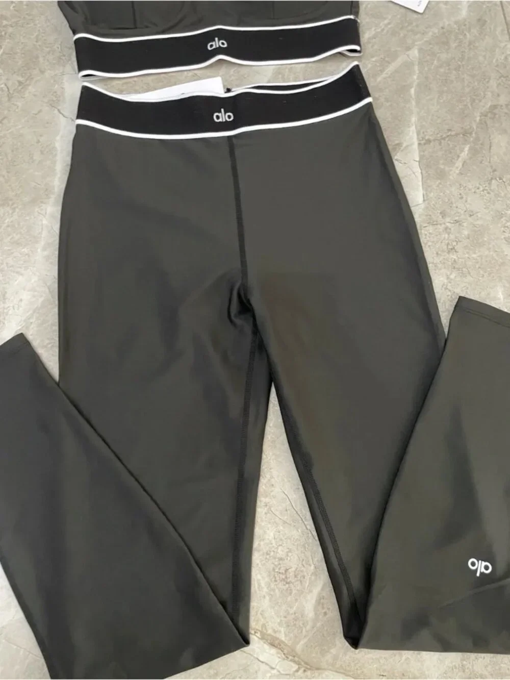 ALO Yoga Black Legging and Crop Top Set with White Trim